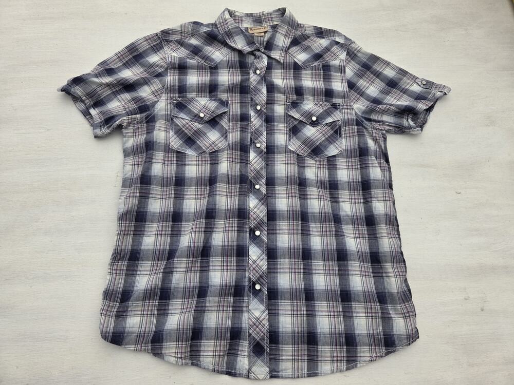 Roebuck and Co Sears Pearl Snap Button Shirt Short Sleeve Purple Plaid XL